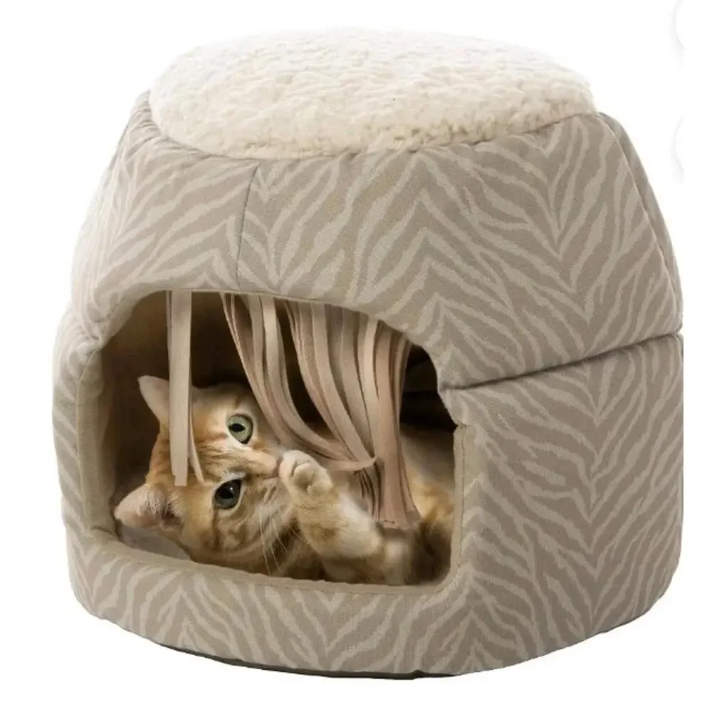 2 In 1 SmartyKat Fringed Honeycomb Cat Bed Pop Up Or Push Down Cat Cave